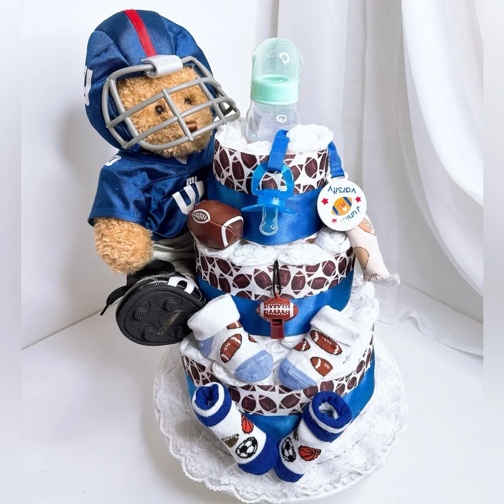 Football Themed Diaper Cake with Teddy Bear, Baby shower gift